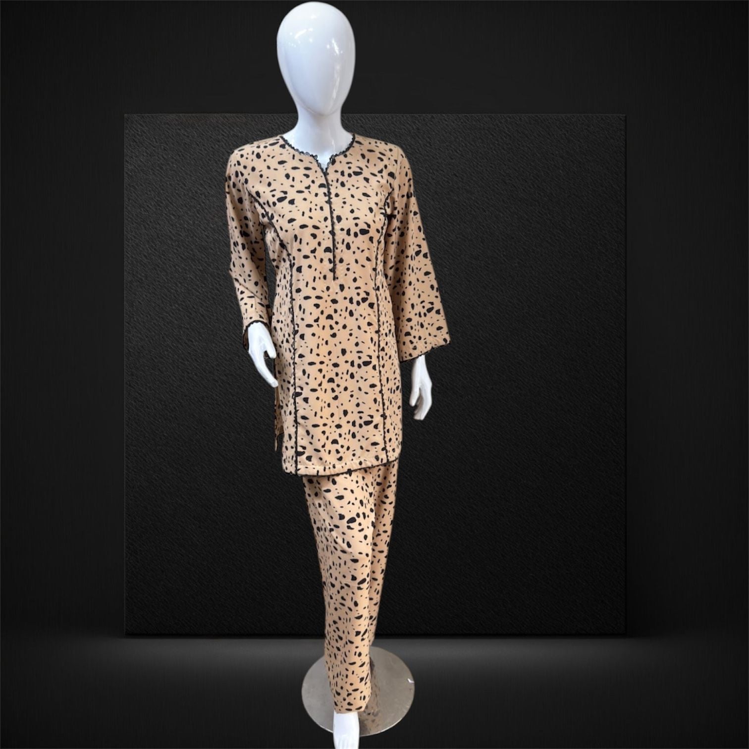 Beige Black Abstract Print 2-Piece Georgette Suit