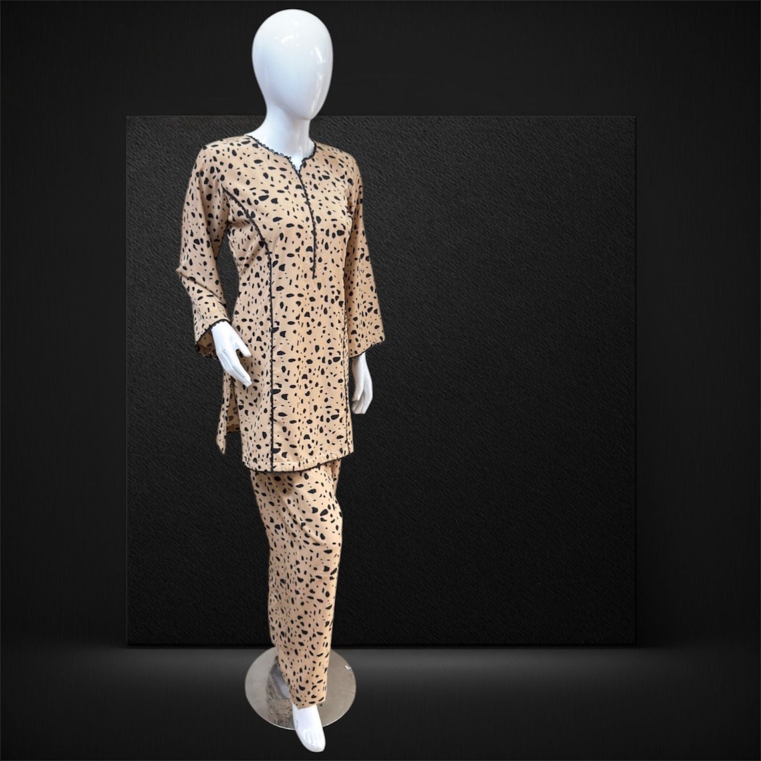 Beige Black Abstract Print 2-Piece Georgette Suit