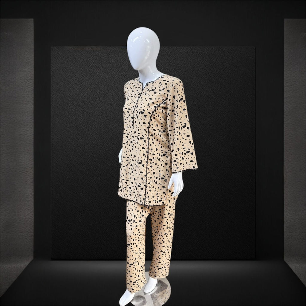 Beige Black Abstract Print 2-Piece Georgette Suit