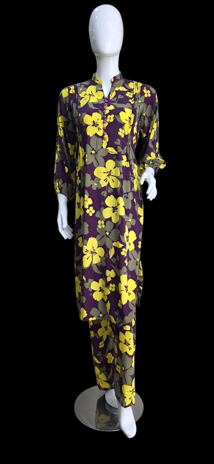 Printed Georgette 2-Piece Suit – Purple, Yellow & Grey